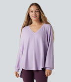 V Neck Long Sleeve High Low Casual Sweatshirt — Misty Purple — view 3