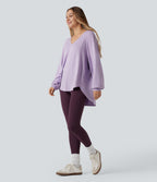 V Neck Long Sleeve High Low Casual Sweatshirt — Misty Purple — view 6