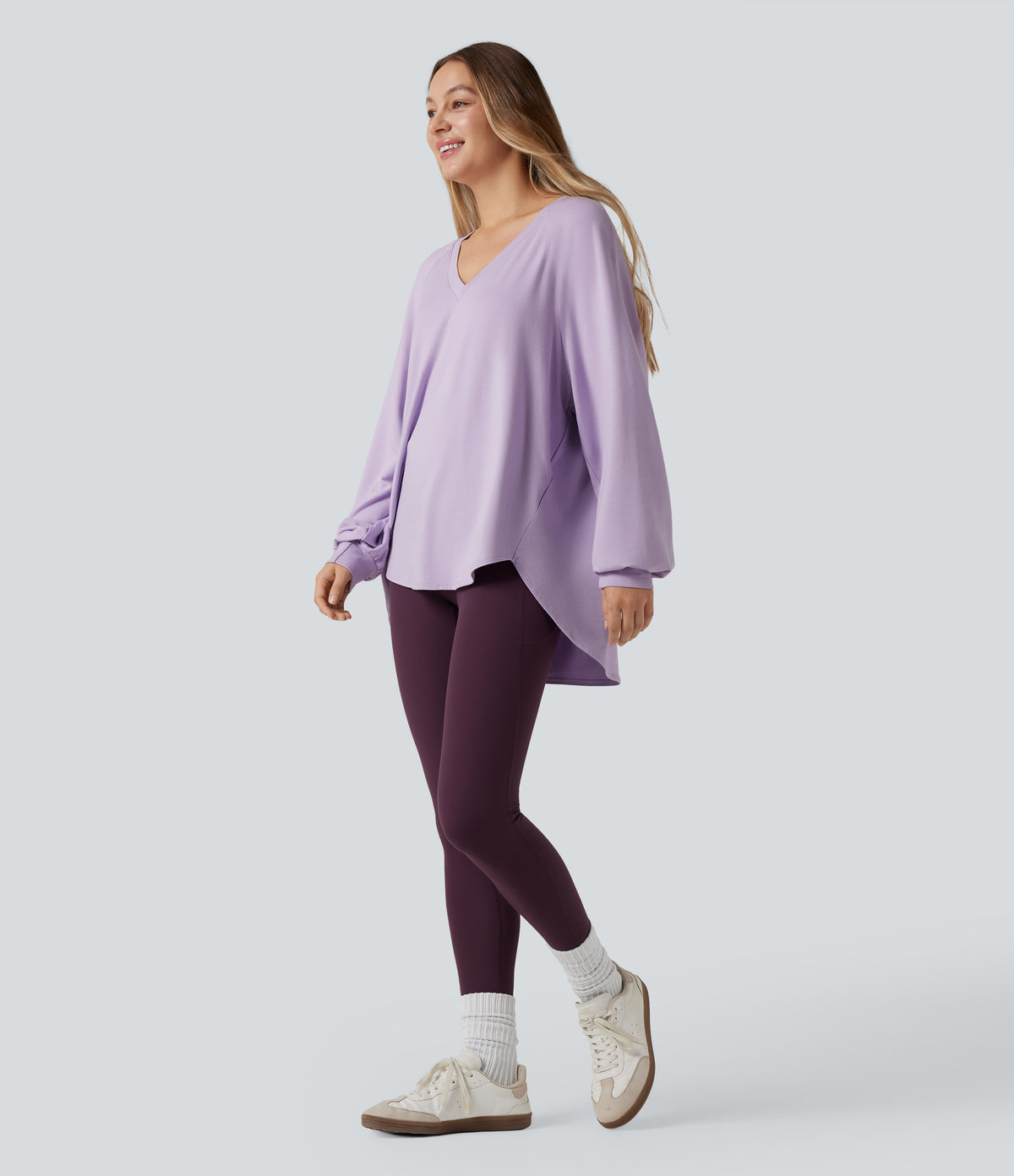 V Neck Long Sleeve High Low Casual Sweatshirt — Misty Purple — view 6