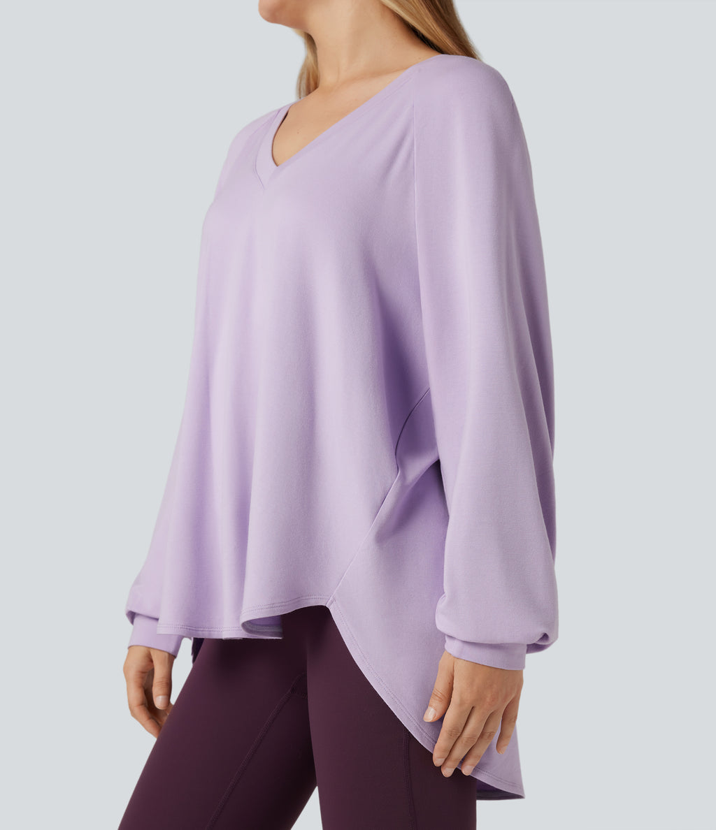 V Neck Long Sleeve High Low Casual Sweatshirt — Misty Purple — view 4