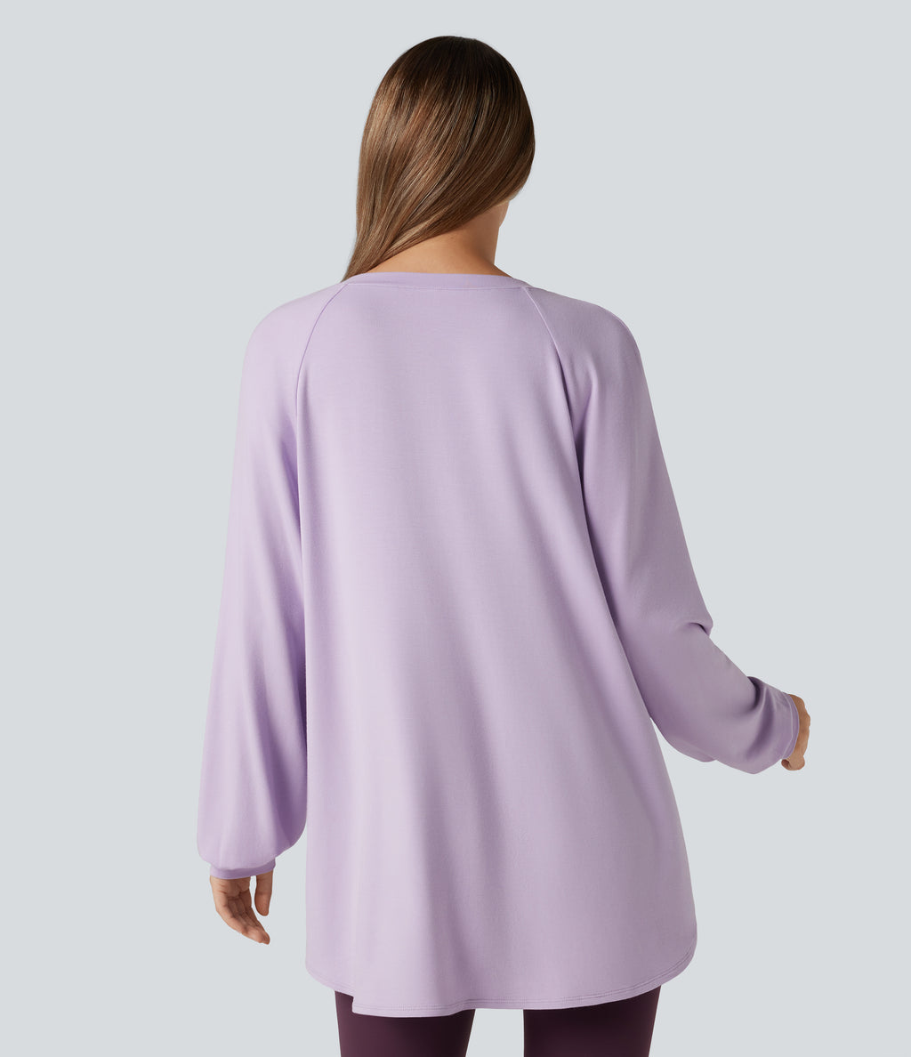 V Neck Long Sleeve High Low Casual Sweatshirt — Misty Purple — view 2