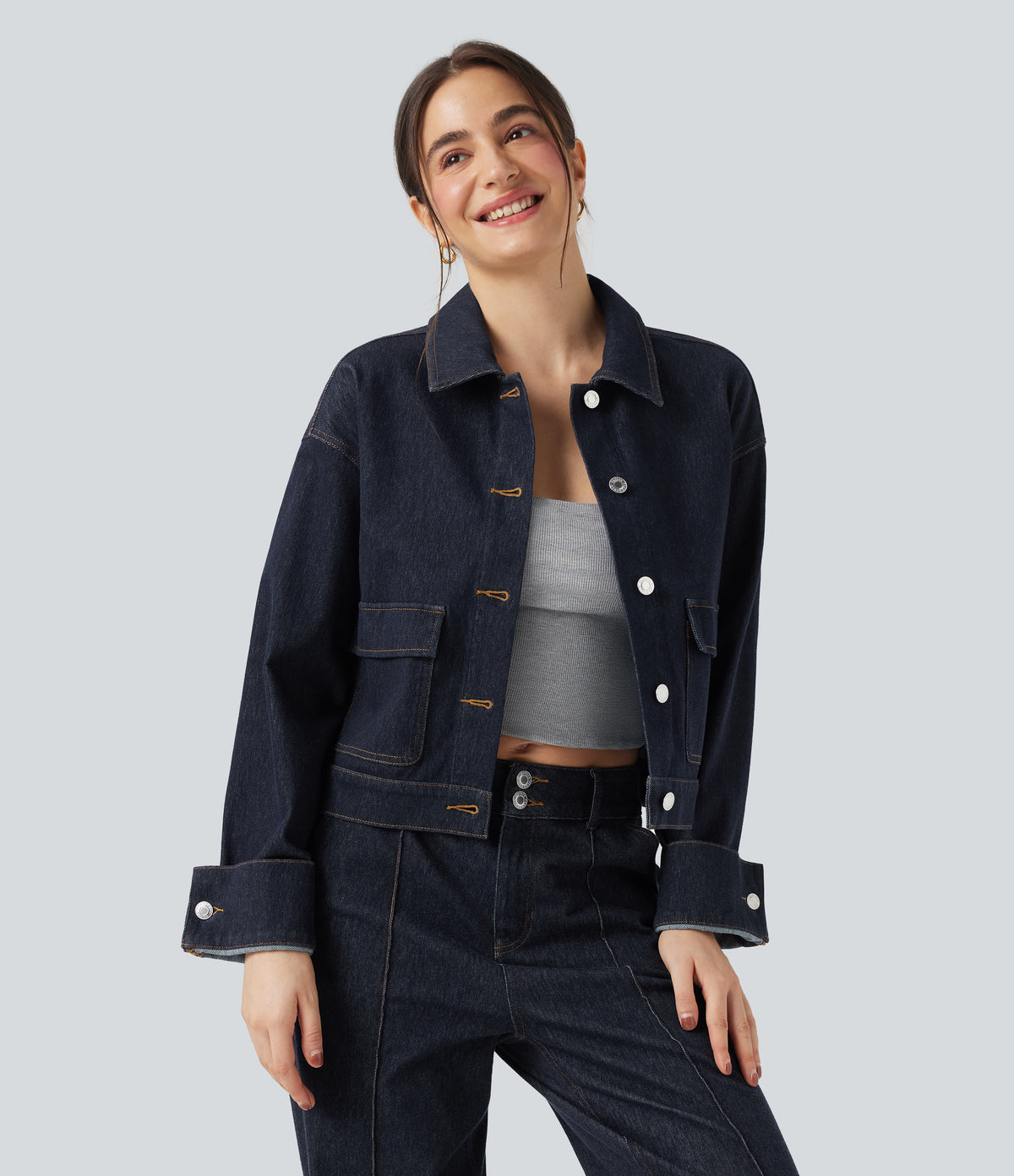 Collar Long Sleeve Denim Casual Jacket — Deep Cobalt Denim — view 4