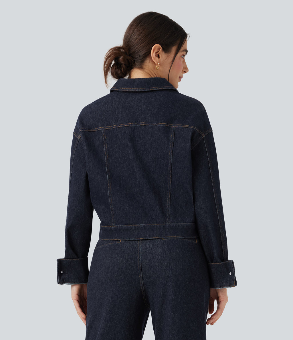 Collar Long Sleeve Denim Casual Jacket — Deep Cobalt Denim — view 3