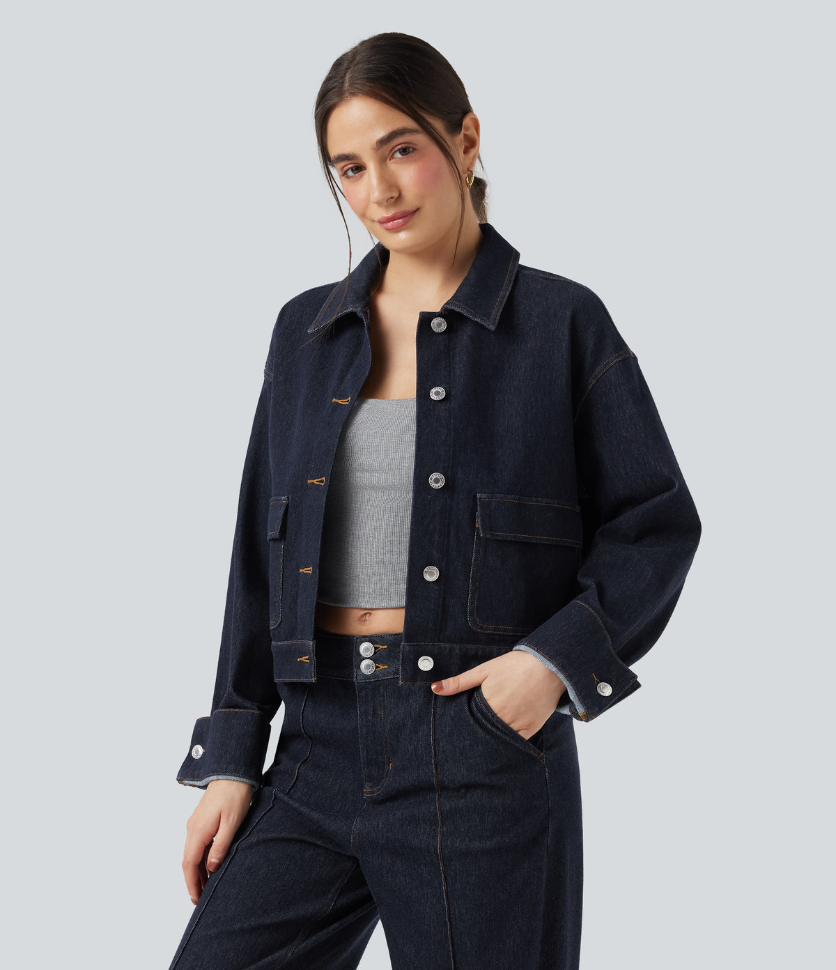 Collar Long Sleeve Denim Casual Jacket — Deep Cobalt Denim — view 2