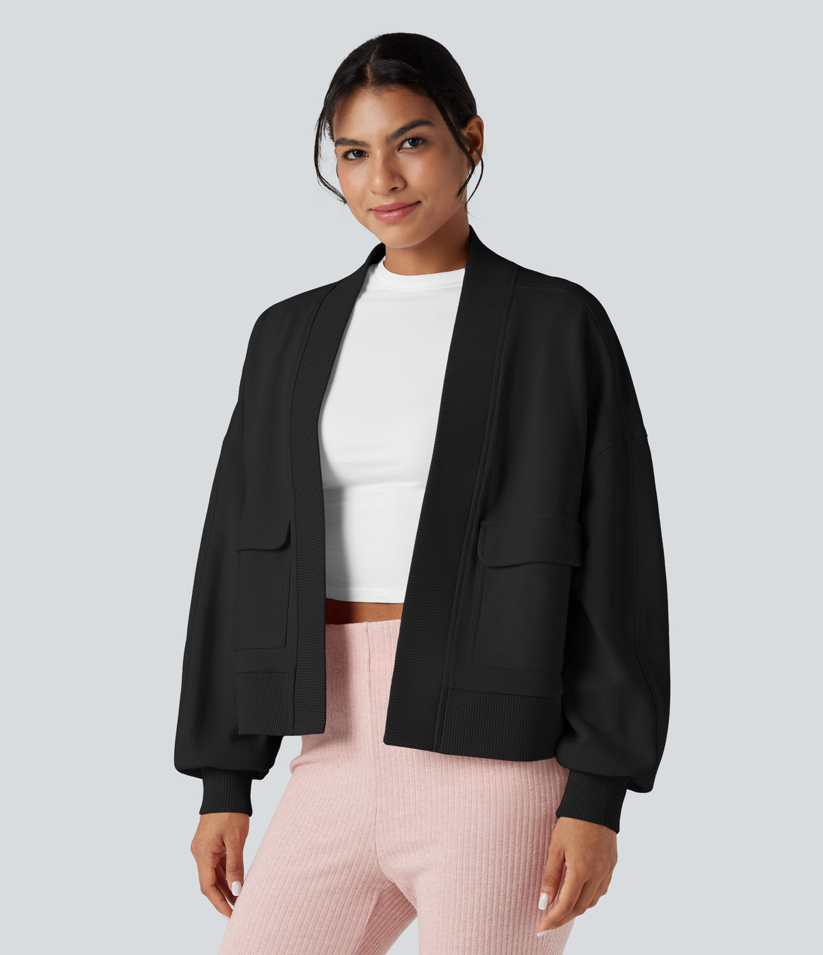 Long Sleeve Casual Oversized Cotton Sweatshirt with Pockets — Black — view 3