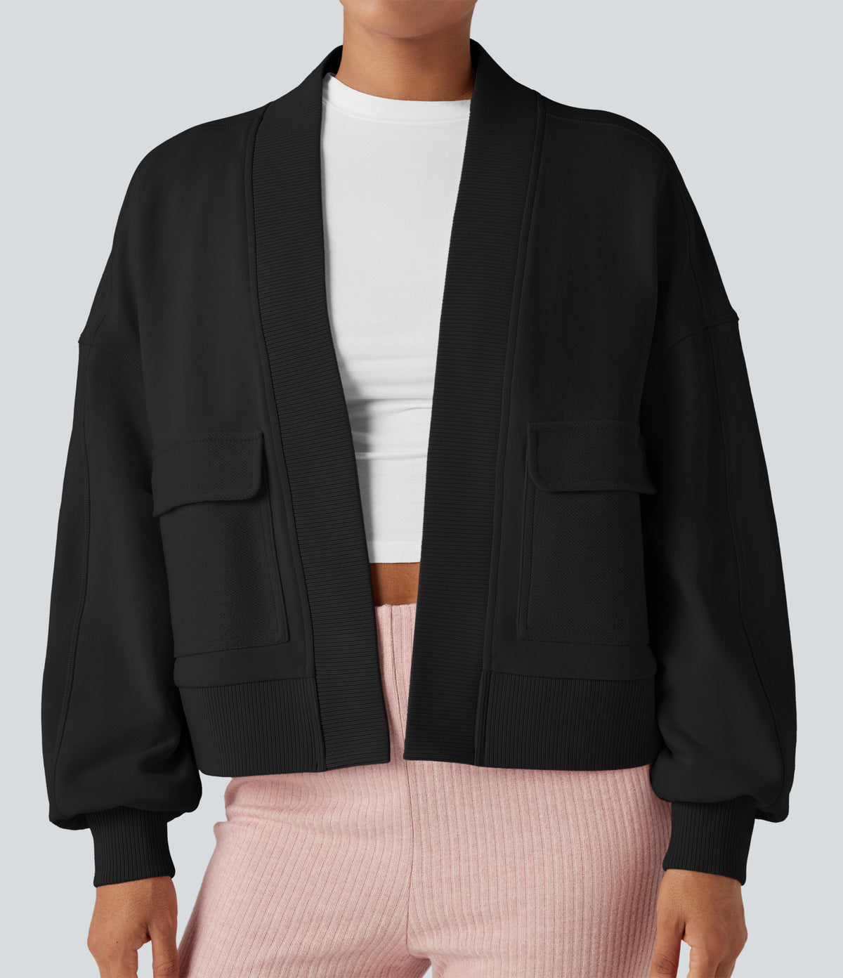 Long Sleeve Casual Oversized Cotton Sweatshirt with Pockets — Black — view 4