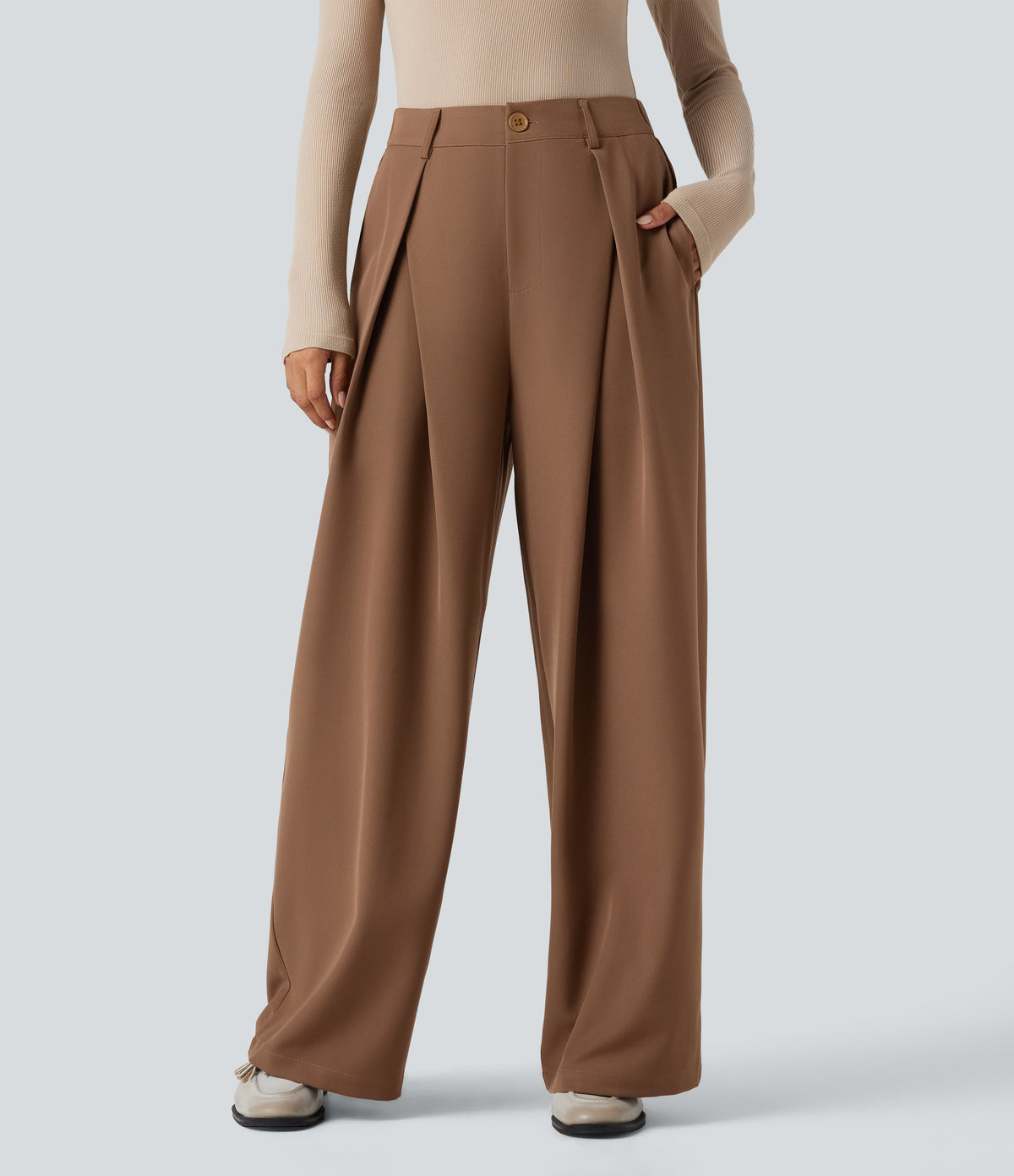 High-waisted Work Wide-leg Trousers with Pockets — Partridge — view 3