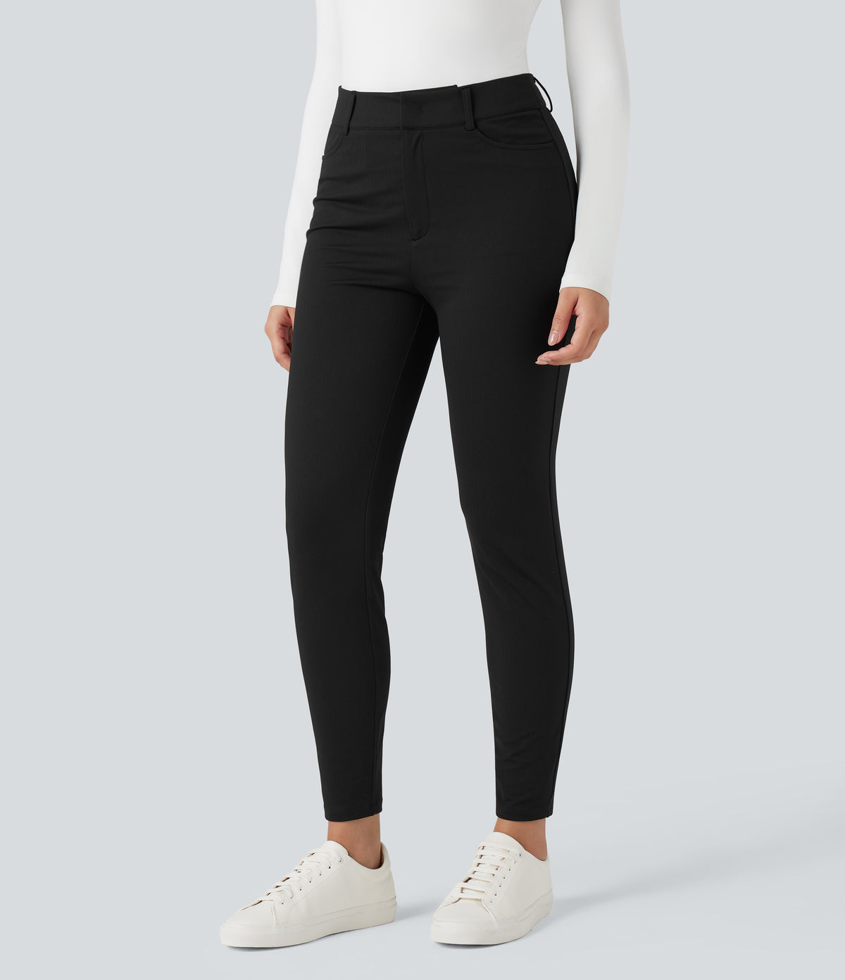 High-waisted Skinny Herringbone Work Trousers with Pockets — Black — view 6