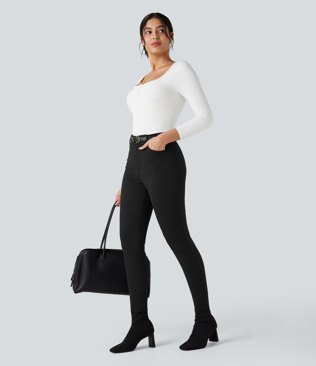 High-waisted Skinny Herringbone Work Trousers with Pockets — Black — view 7