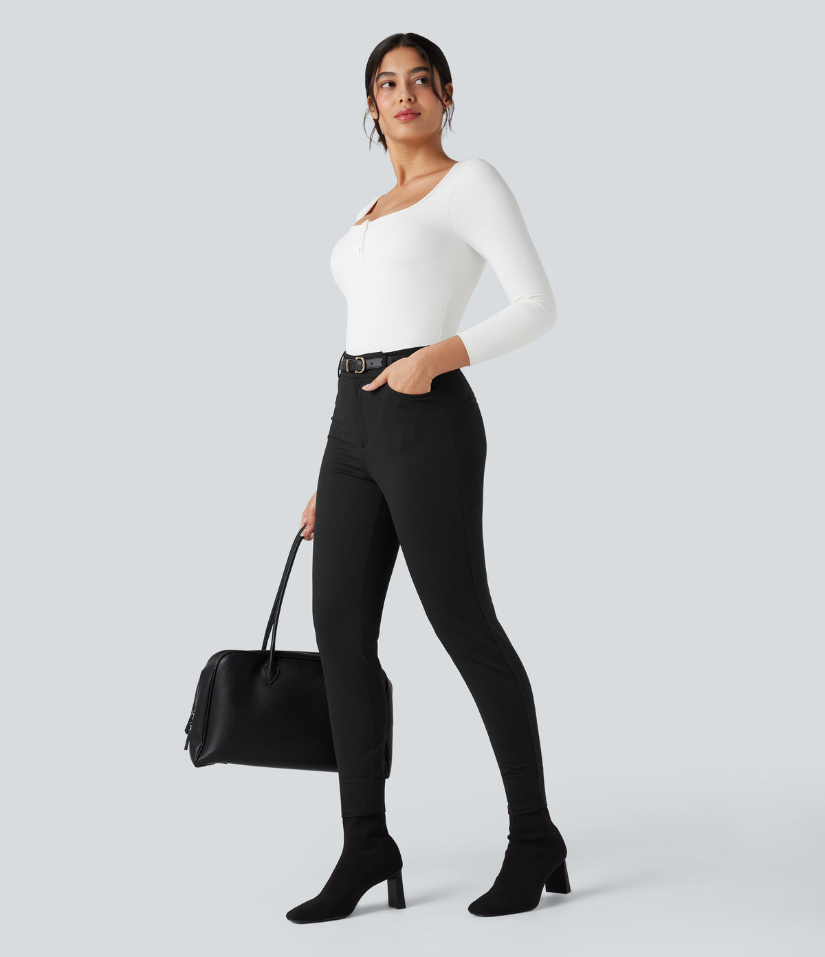 High-waisted Skinny Herringbone Work Trousers with Pockets — Black — view 7