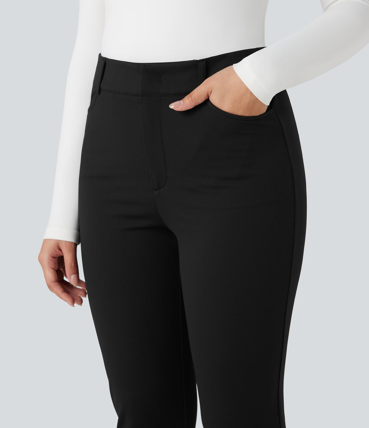 High-waisted Skinny Herringbone Work Trousers with Pockets — Black — view 4