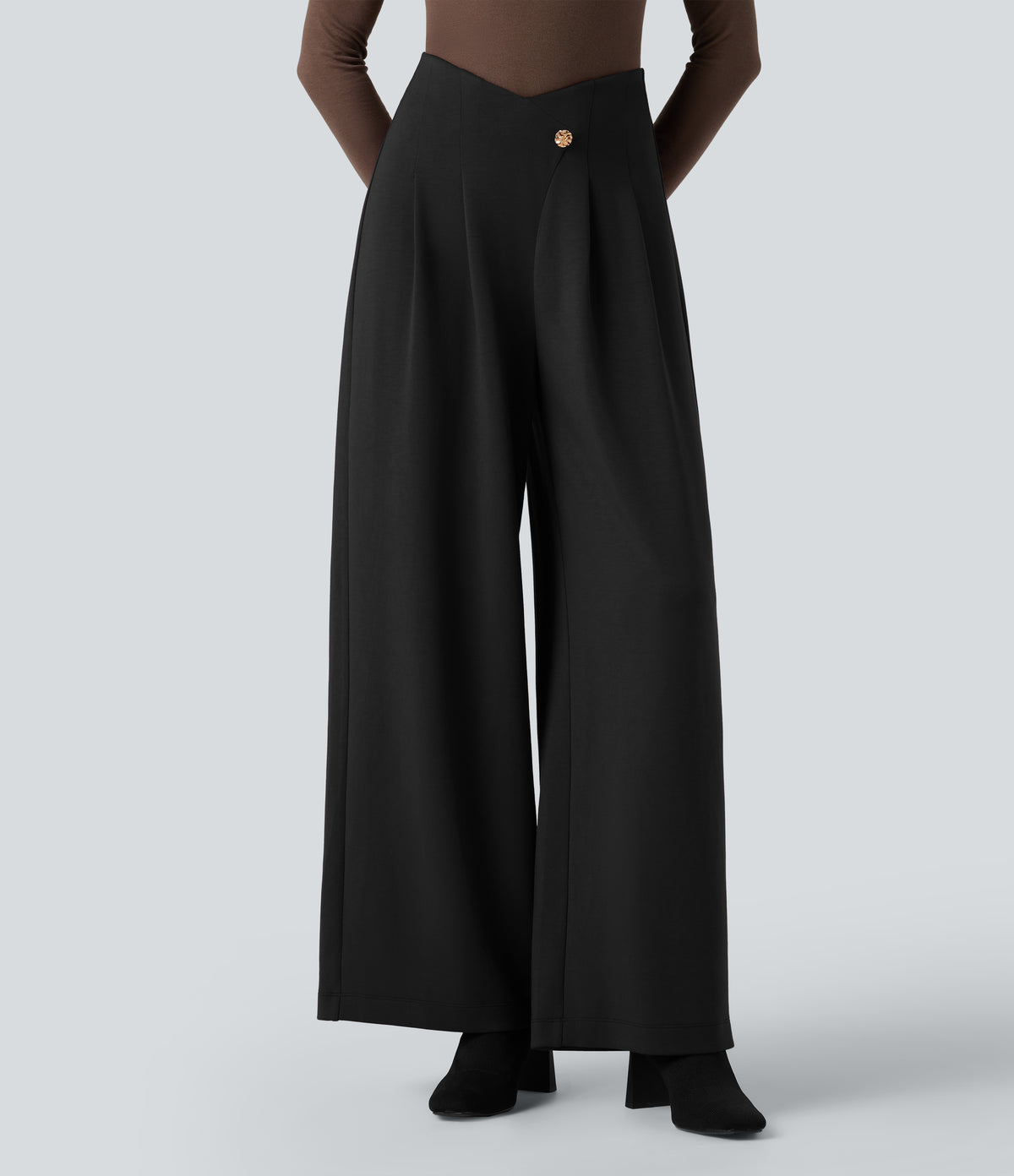 SpacerTek Super High Waisted Crossover Wide Leg Work Trousers — Black — view 1