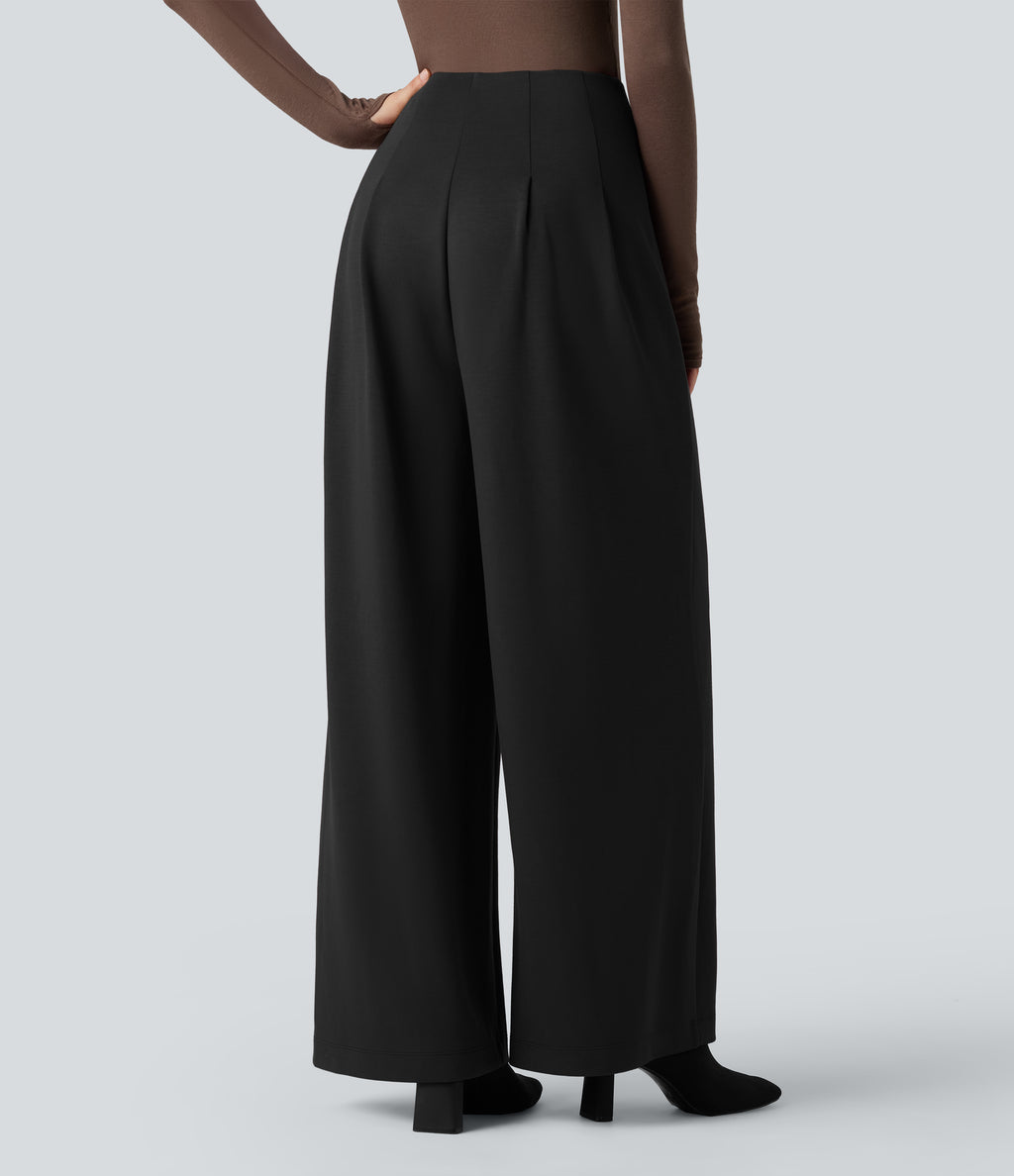 SpacerTek Super High Waisted Crossover Wide Leg Work Trousers — Black — view 2