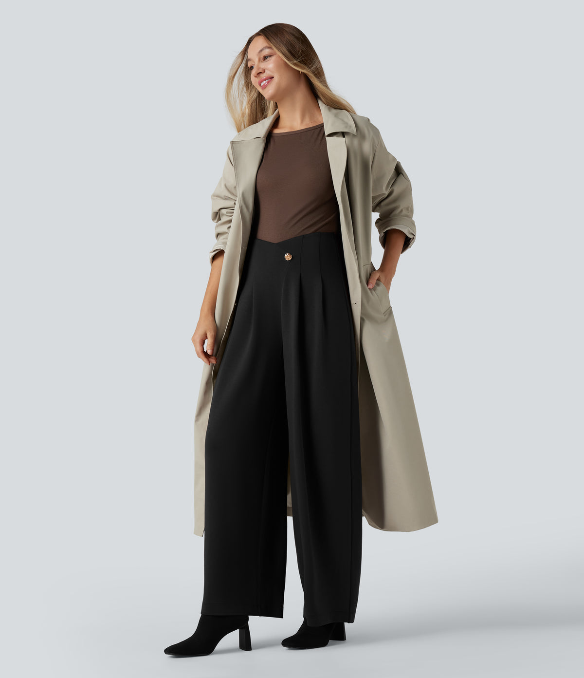 SpacerTek Super High Waisted Crossover Wide Leg Work Trousers — Black — view 6