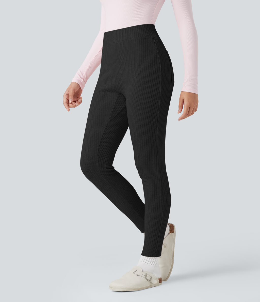Ribbed Knit High-waisted Lounging 7/8 Fleece Legging with Pockets — Black — view 2