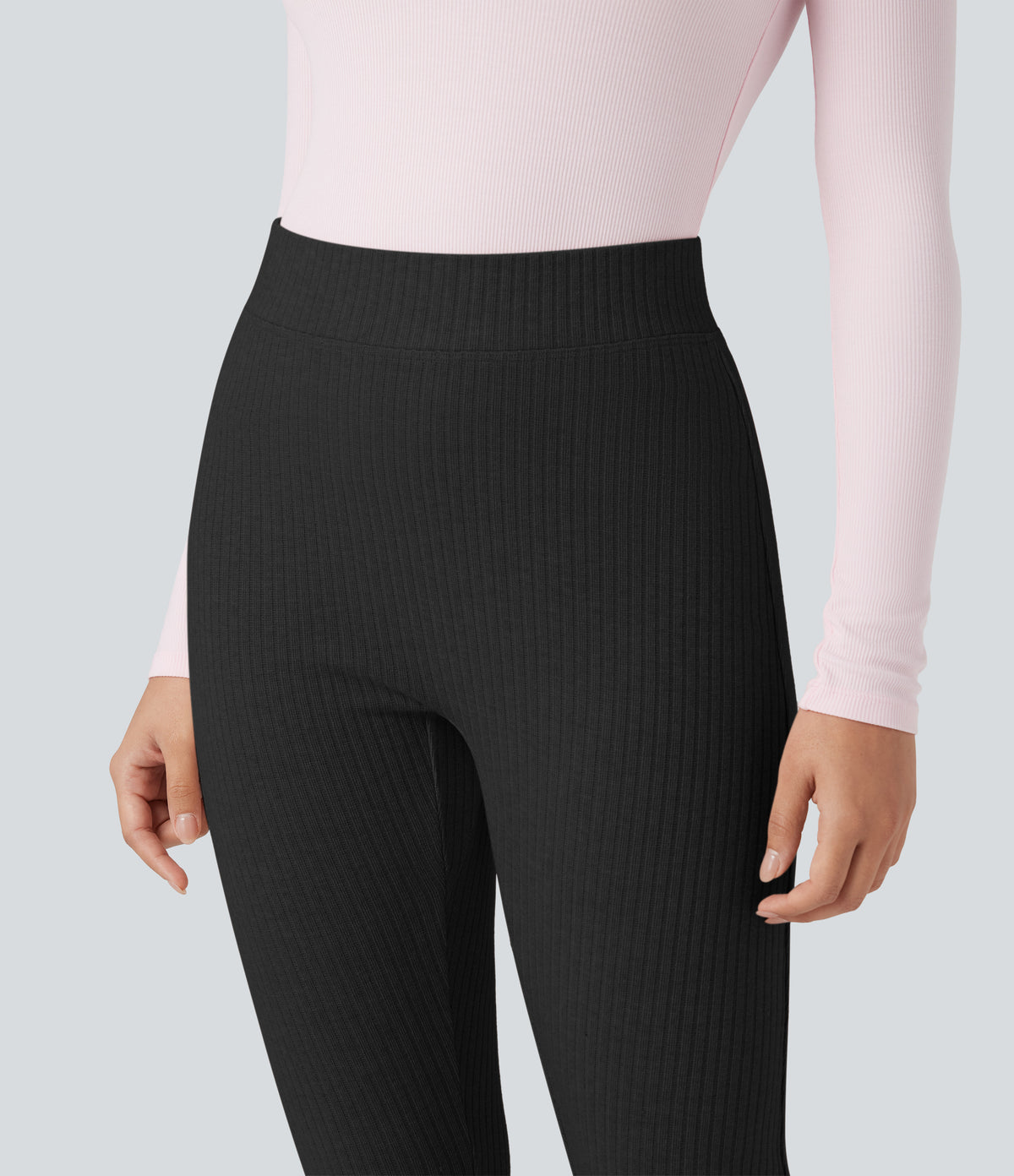 Ribbed Knit High-waisted Lounging 7/8 Fleece Legging with Pockets — Black — view 4