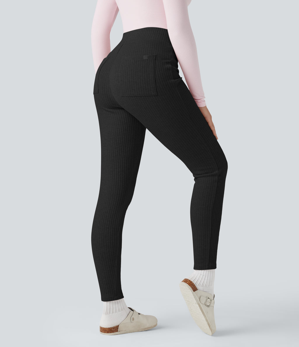 Ribbed Knit High-waisted Lounging 7/8 Fleece Legging with Pockets — Black — view 1