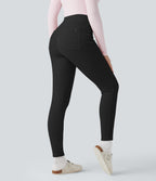 Ribbed Knit High-waisted Lounging 7/8 Fleece Legging with Pockets — Black — view 1