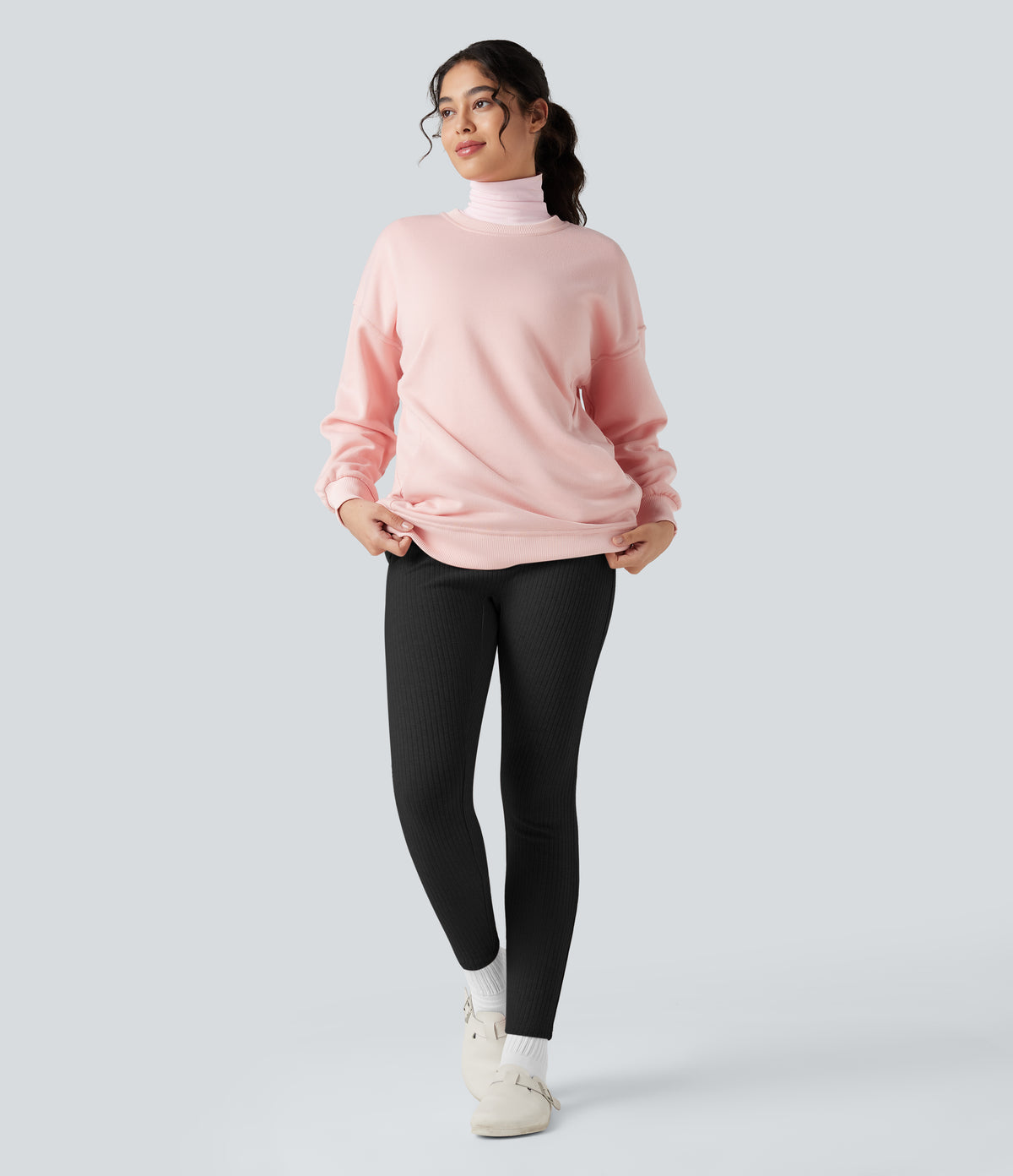 Ribbed Knit High-waisted Lounging 7/8 Fleece Legging with Pockets — Black — view 6