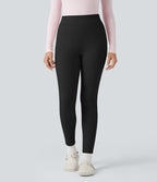 Ribbed Knit High-waisted Lounging 7/8 Fleece Legging with Pockets — Black — view 3