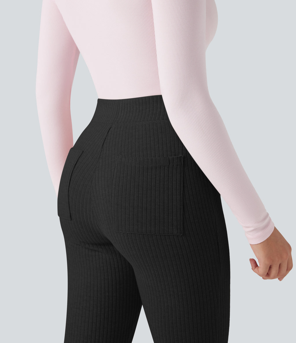 Ribbed Knit High-waisted Lounging 7/8 Fleece Legging with Pockets — Black — view 5