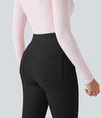 Ribbed Knit High-waisted Lounging 7/8 Fleece Legging with Pockets — Black — view 5