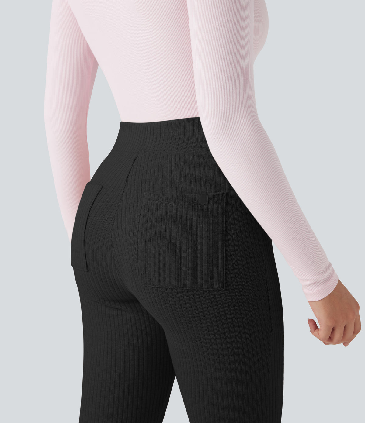 Ribbed Knit High-waisted Lounging 7/8 Fleece Legging with Pockets — Black — view 5