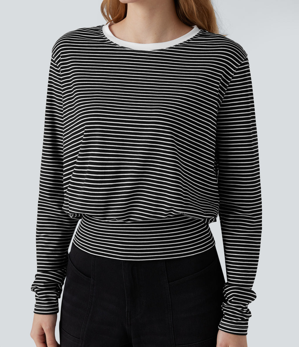 Round Neck Long Sleeve Stripe Casual T-Shirt — Black White Horizontal Stripe — view 4