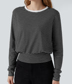 Round Neck Long Sleeve Stripe Casual T-Shirt — Black White Horizontal Stripe — view 4