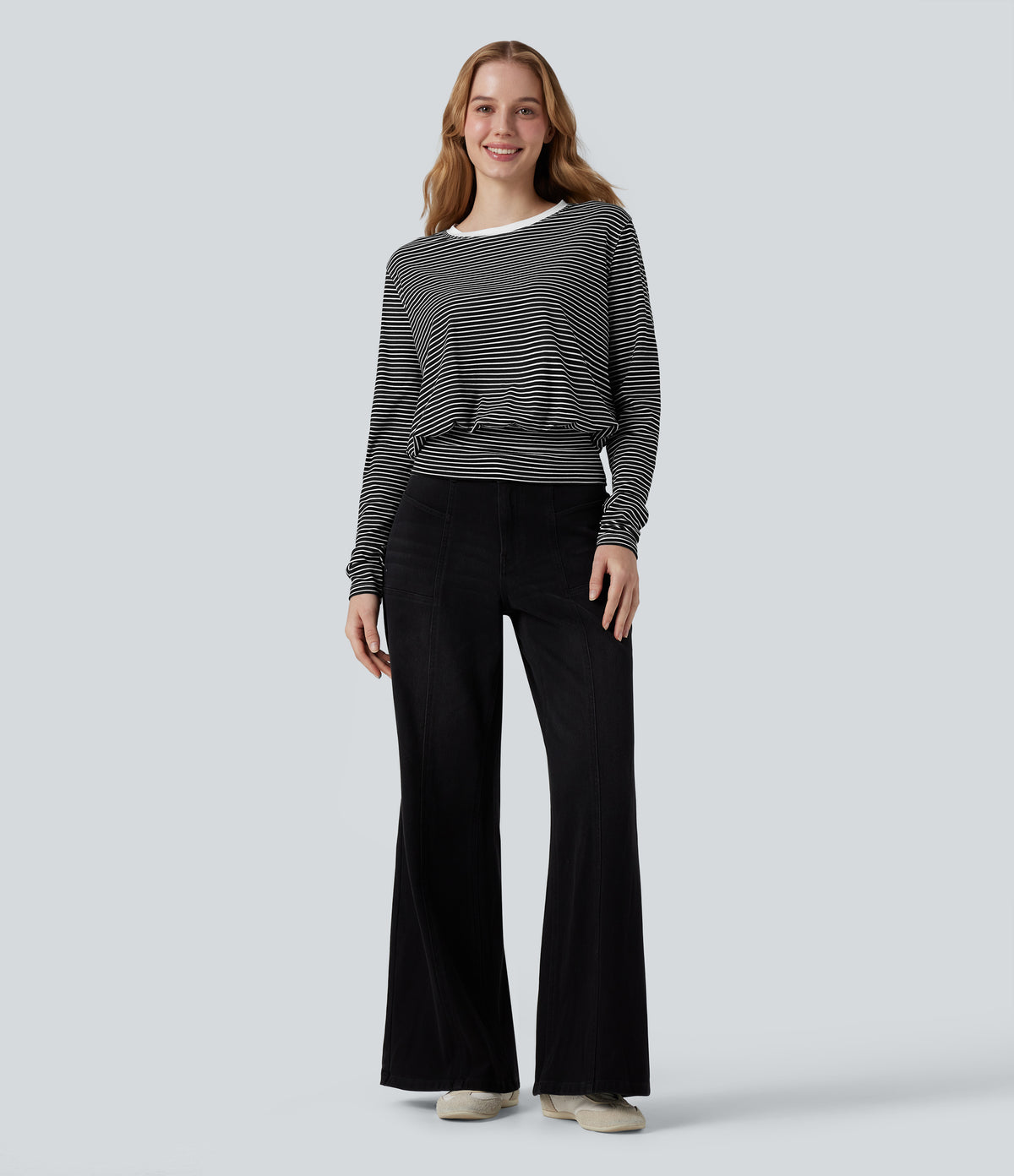 Round Neck Long Sleeve Stripe Casual T-Shirt — Black White Horizontal Stripe — view 5
