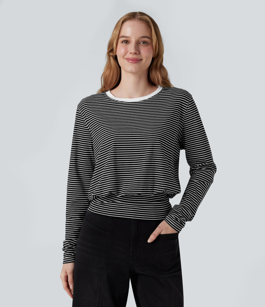 Round Neck Long Sleeve Stripe Casual T-Shirt — Black White Horizontal Stripe — view 1