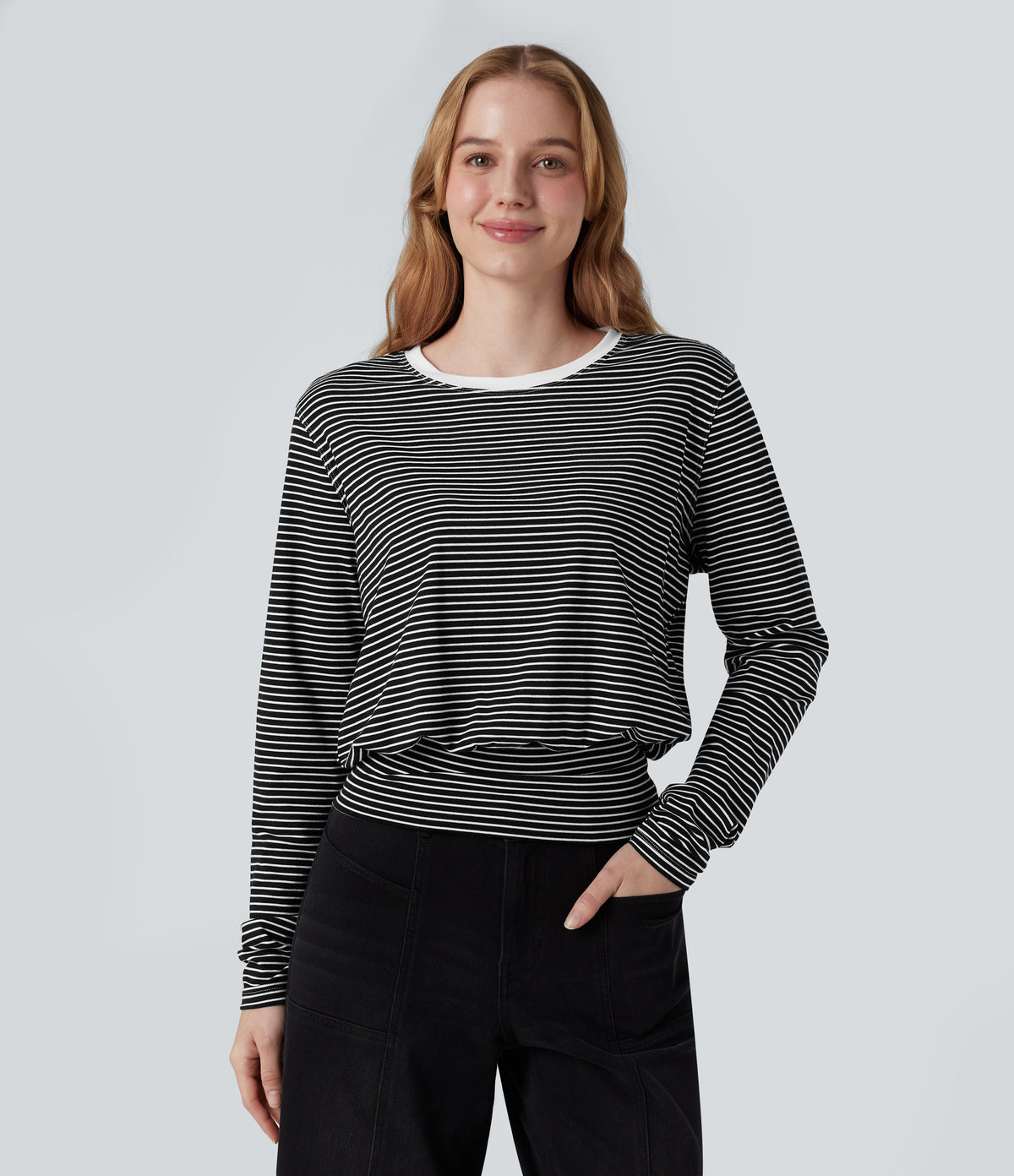 Round Neck Long Sleeve Stripe Casual T-Shirt — Black White Horizontal Stripe — view 1
