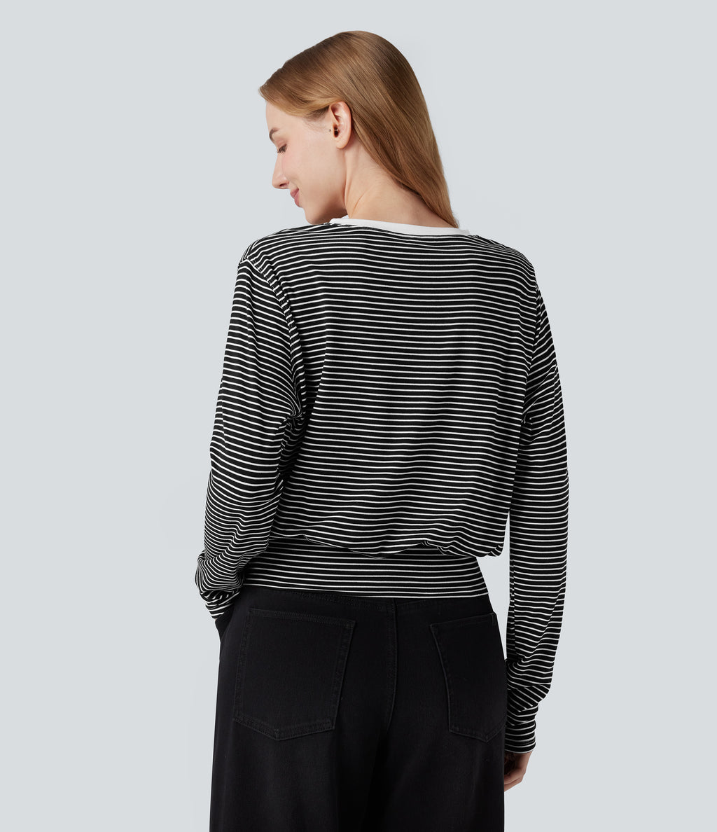 Round Neck Long Sleeve Stripe Casual T-Shirt — Black White Horizontal Stripe — view 2