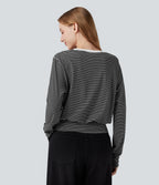 Round Neck Long Sleeve Stripe Casual T-Shirt — Black White Horizontal Stripe — view 2