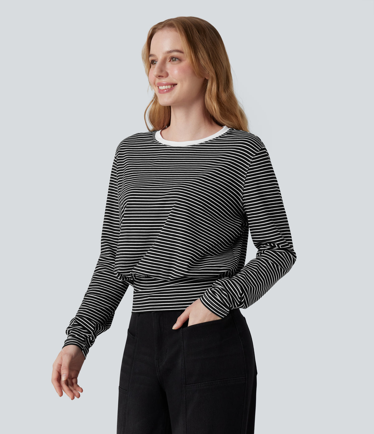 Round Neck Long Sleeve Stripe Casual T-Shirt — Black White Horizontal Stripe — view 3