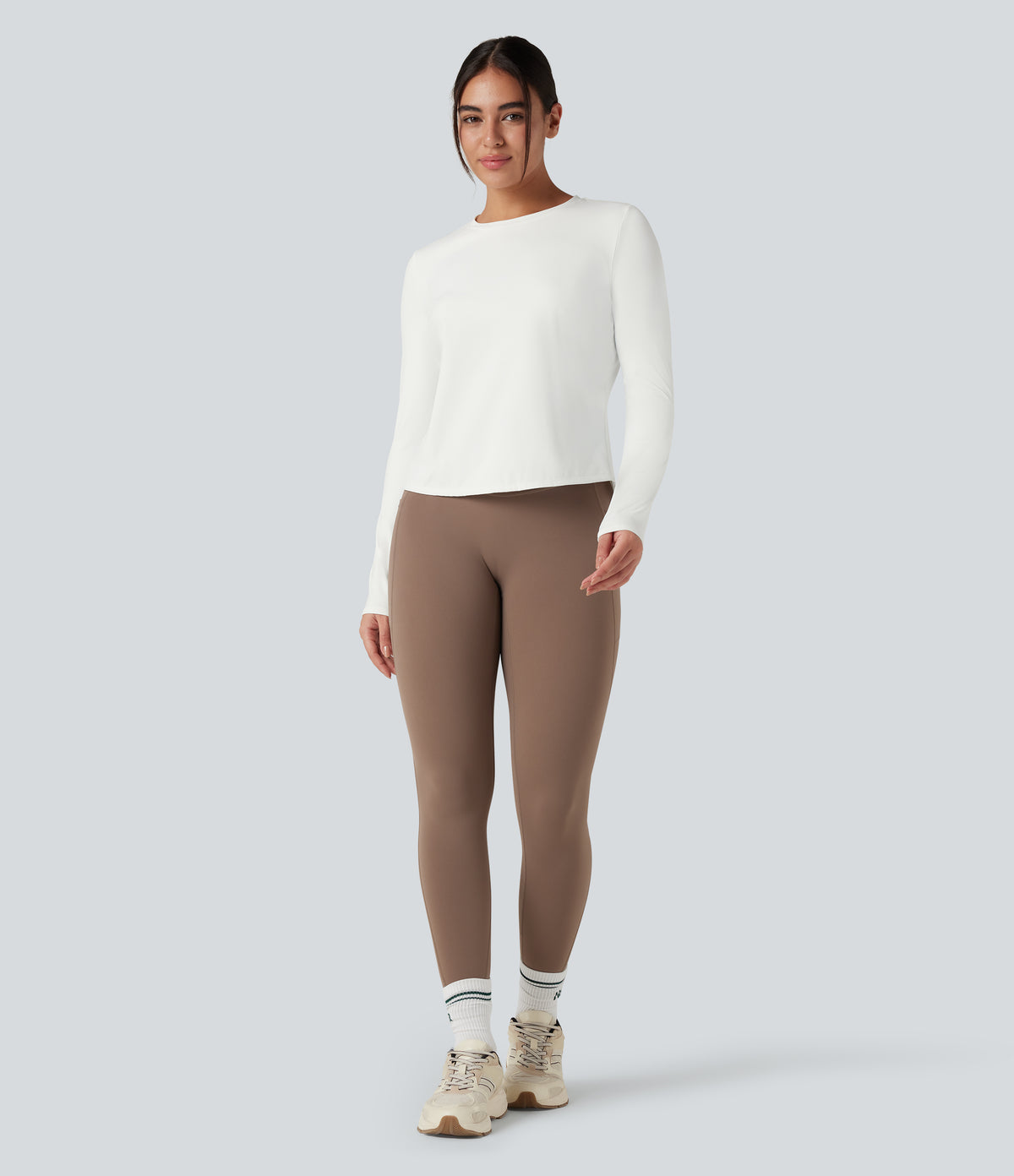 Round Neck Long Sleeve Contrast Mesh Tie Back Running Sports Top — White — view 8