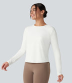Round Neck Long Sleeve Contrast Mesh Tie Back Running Sports Top — White — view 4