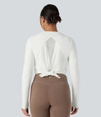 Round Neck Long Sleeve Contrast Mesh Tie Back Running Sports Top — White — view 2