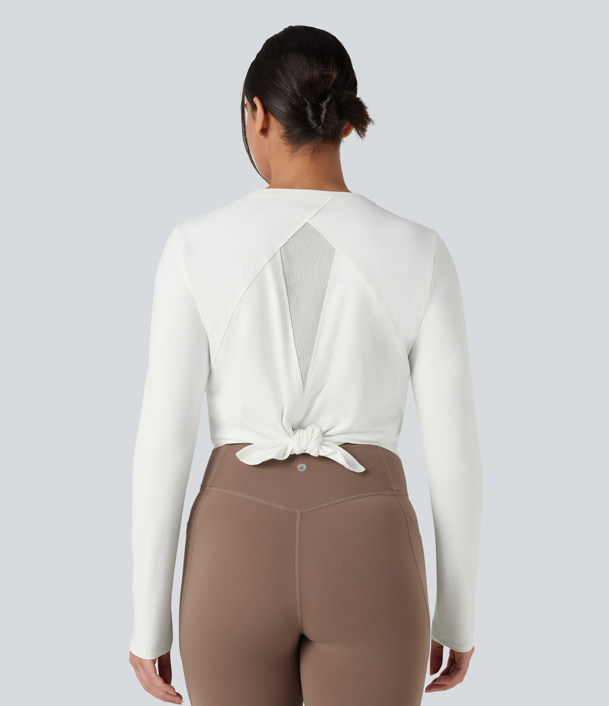 Round Neck Long Sleeve Contrast Mesh Tie Back Running Sports Top — White — view 2