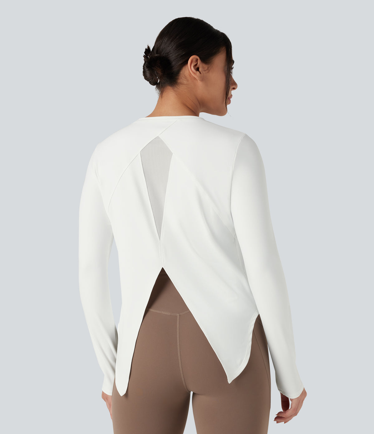 Round Neck Long Sleeve Contrast Mesh Tie Back Running Sports Top — White — view 1