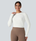 Round Neck Long Sleeve Contrast Mesh Tie Back Running Sports Top — White — view 5