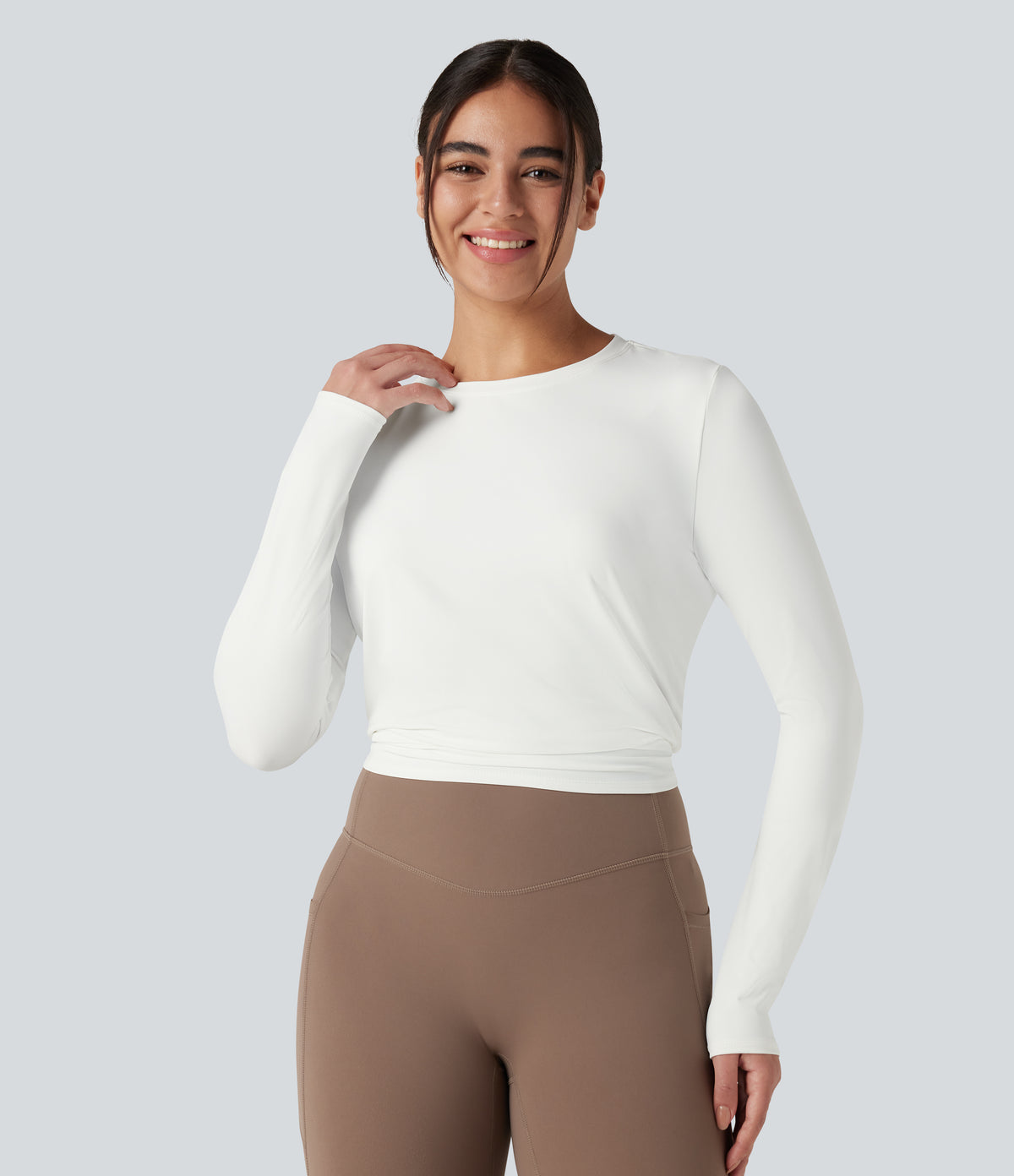 Round Neck Long Sleeve Contrast Mesh Tie Back Running Sports Top — White — view 5