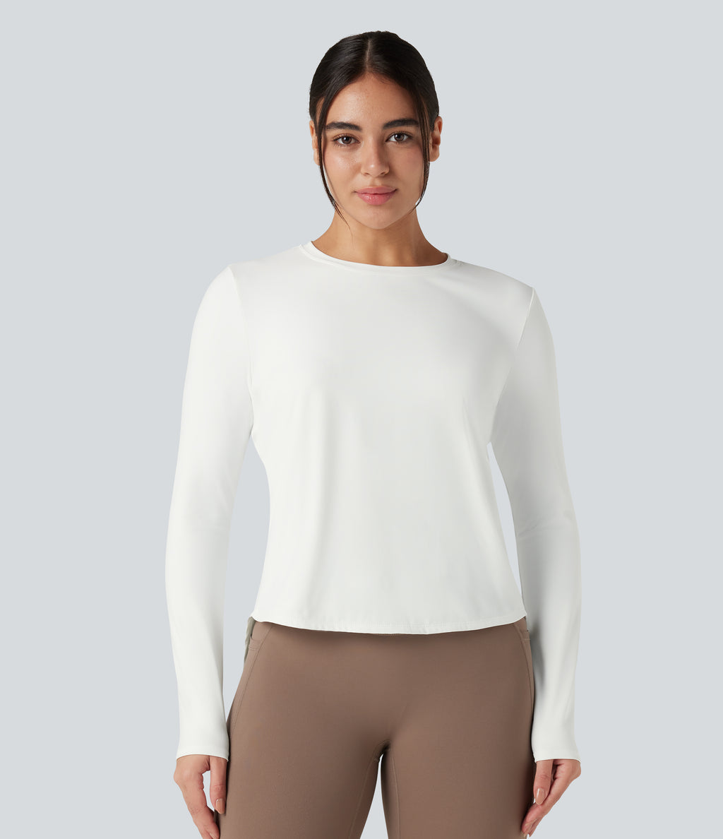 Round Neck Long Sleeve Contrast Mesh Tie Back Running Sports Top — White — view 3
