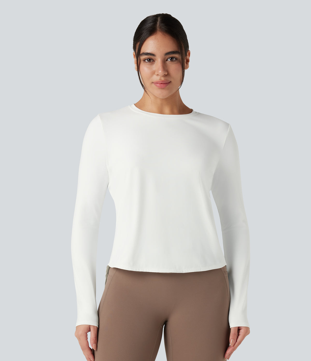 Round Neck Long Sleeve Contrast Mesh Tie Back Running Sports Top — White — view 3