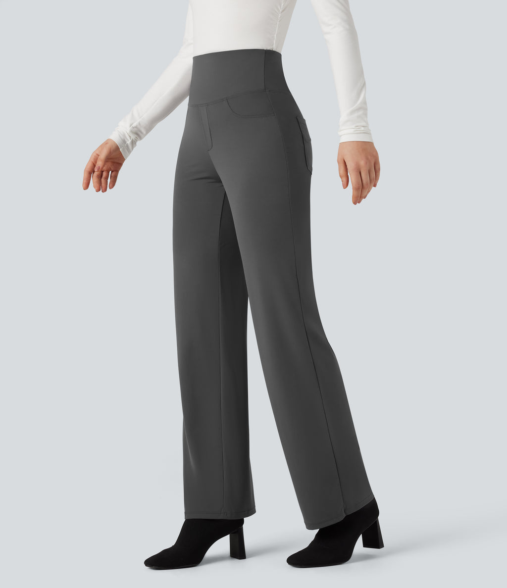 High Waisted Tummy Control Straight Leg Work Trousers with Pockets — Volcanic Ash — view 3