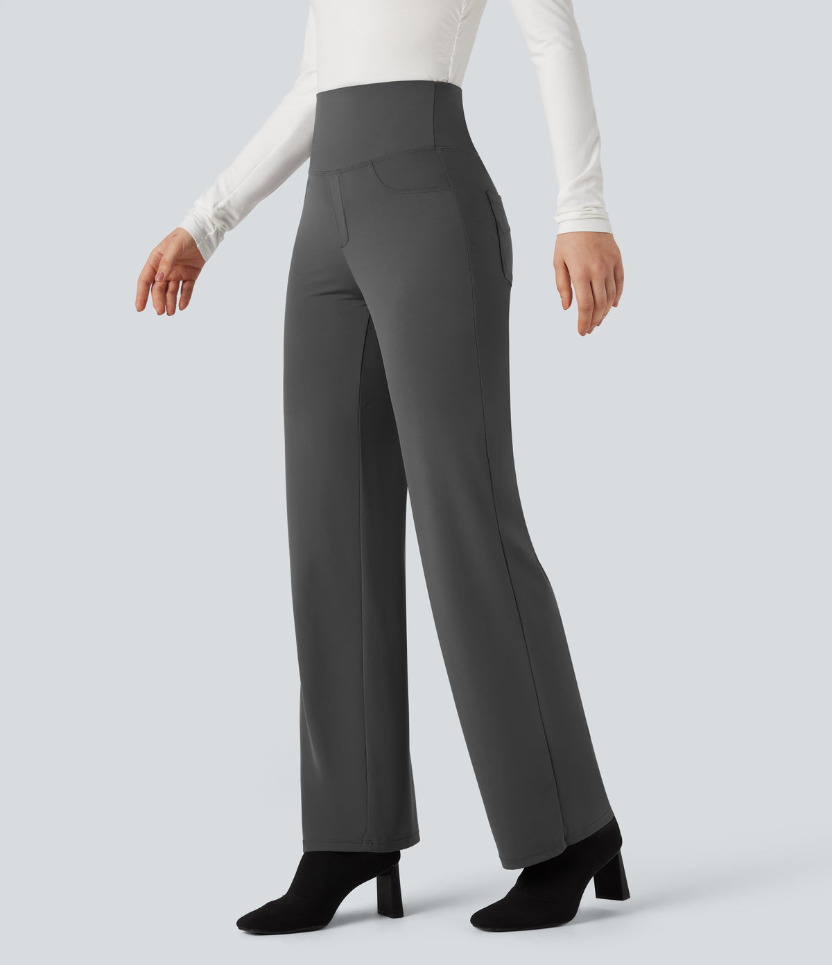 High Waisted Tummy Control Straight Leg Work Trousers with Pockets — Volcanic Ash — view 3