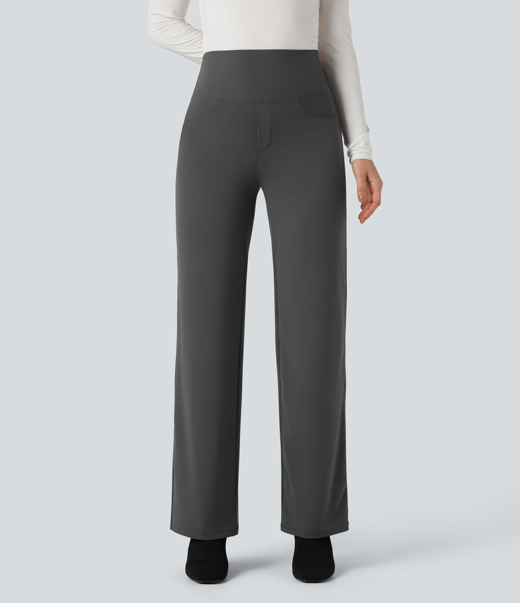 High Waisted Tummy Control Straight Leg Work Trousers with Pockets — Volcanic Ash — view 2