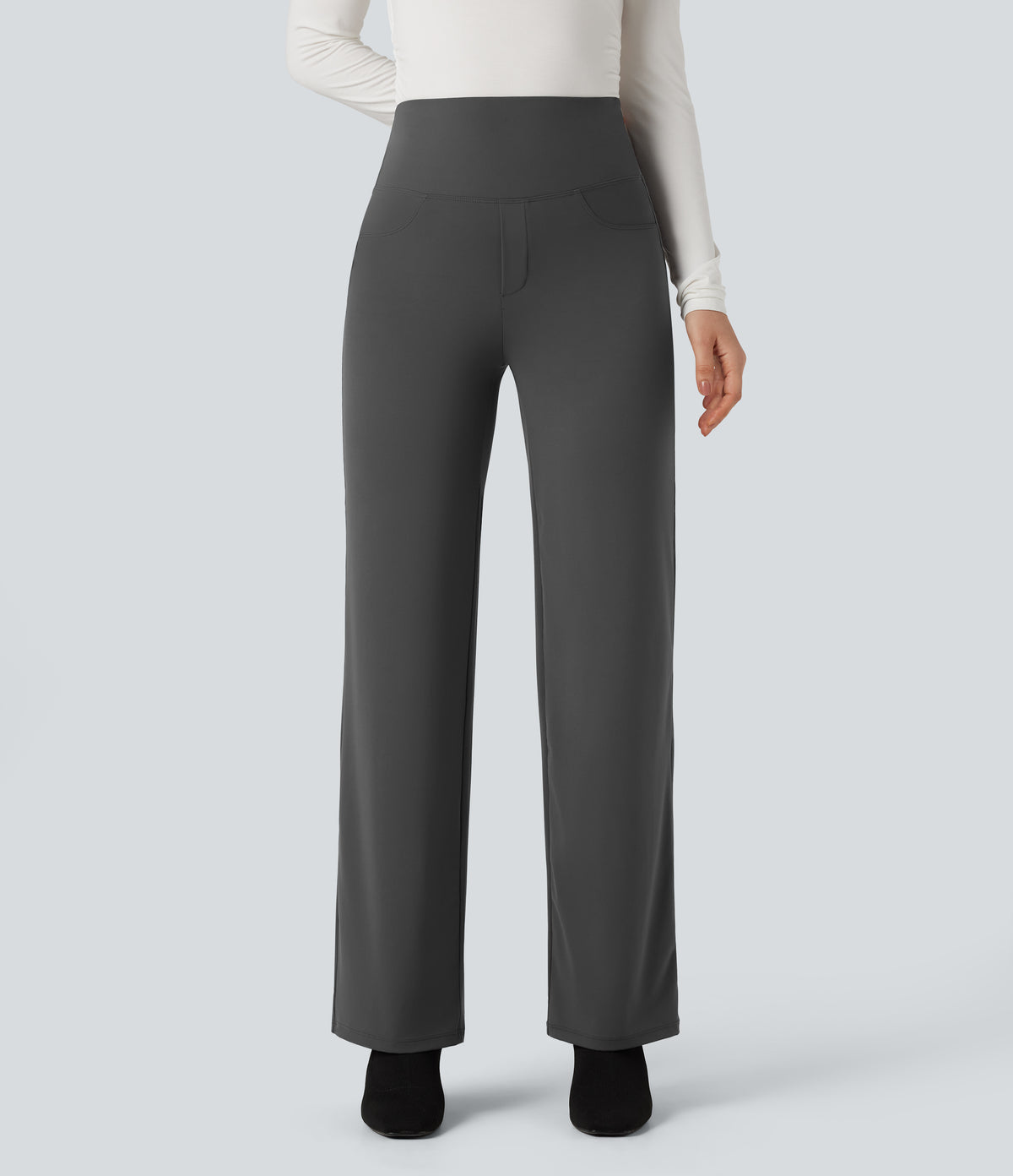 High Waisted Tummy Control Straight Leg Work Trousers with Pockets — Volcanic Ash — view 2