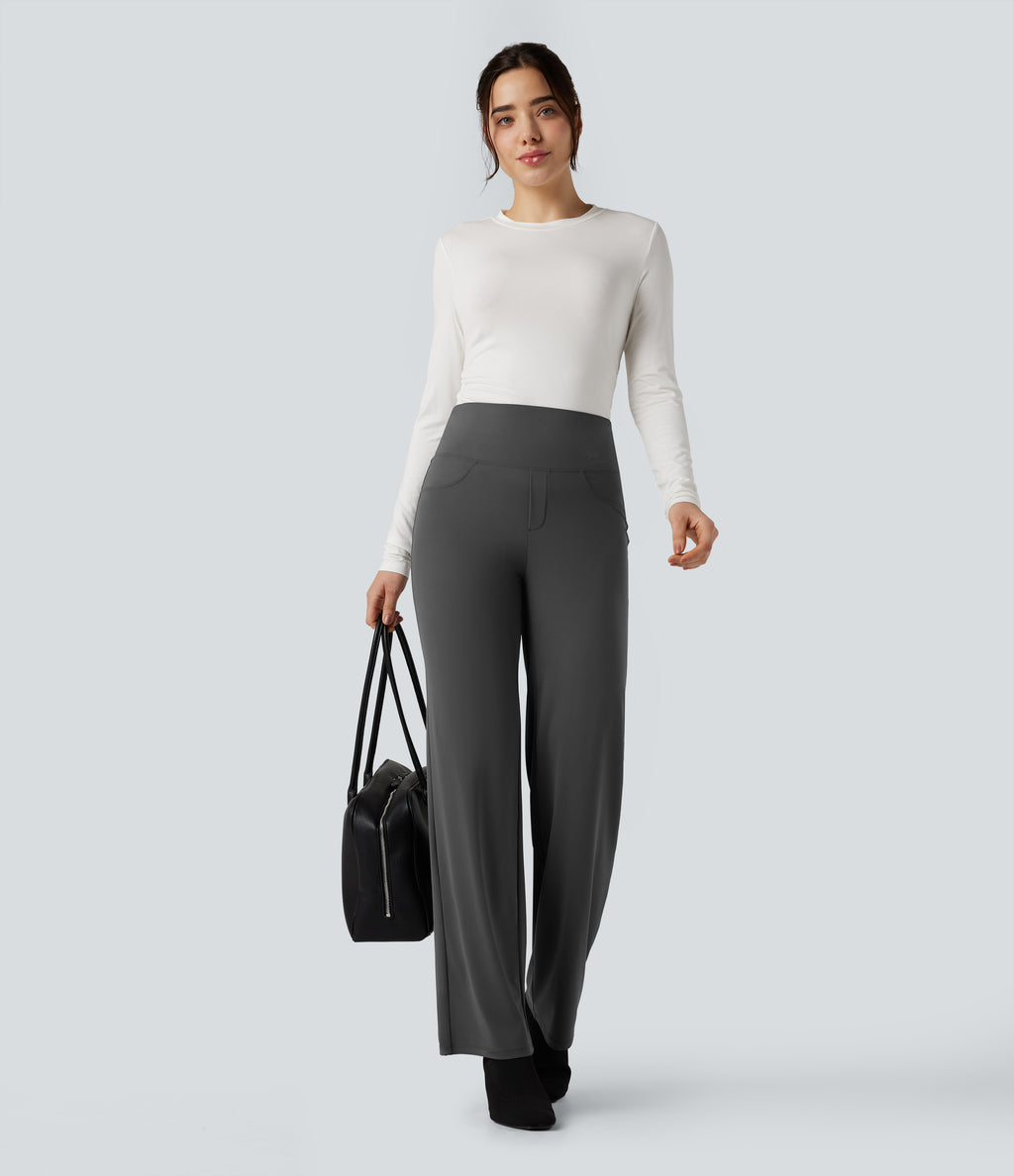 High Waisted Tummy Control Straight Leg Work Trousers with Pockets — Volcanic Ash — view 6