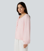 Tie Front Long Sleeve Casual Cardigan — Pinkish Petals — view 3